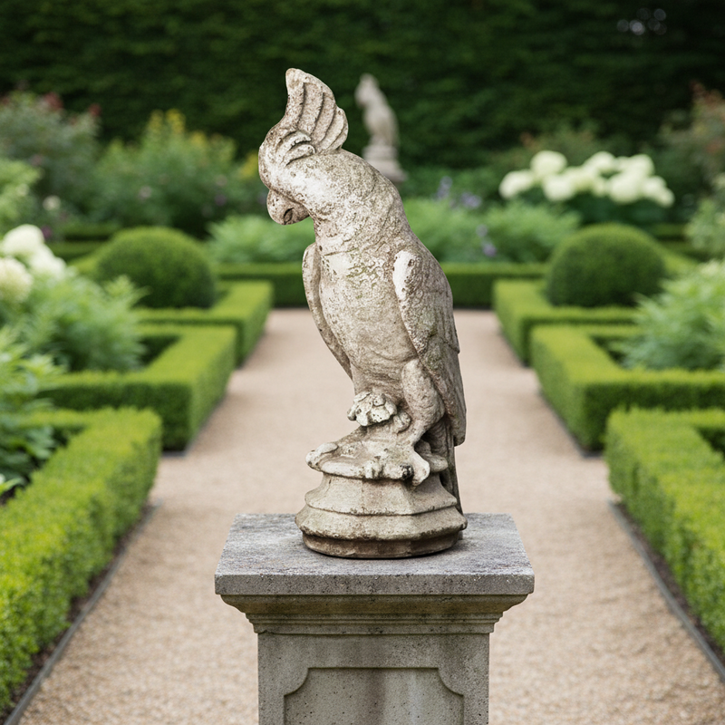 Ornate old world European parrot statue with classical detailing and weathered, antique finish on a decorative pedestal base. Side Angle