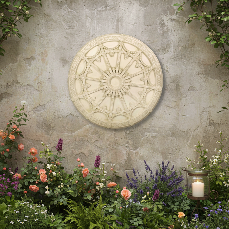 Ornate round ceiling medallion with classical Gothic and Baroque detailing, featuring intricate floral and geometric patterns. Side Angle