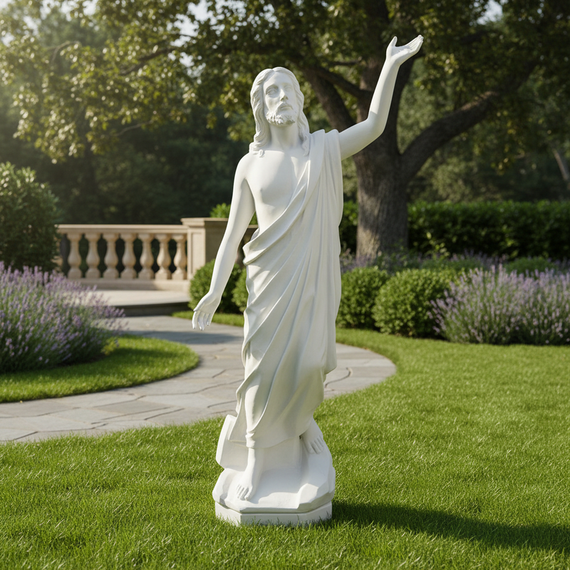 Classical Renaissance-style statue of a robed figure with one arm raised, featuring detailed drapery and serene facial expression. Side View