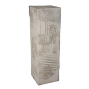 Rectangular pedestal with classical old world European architectural etchings and ornate Renaissance-inspired scene detailing.