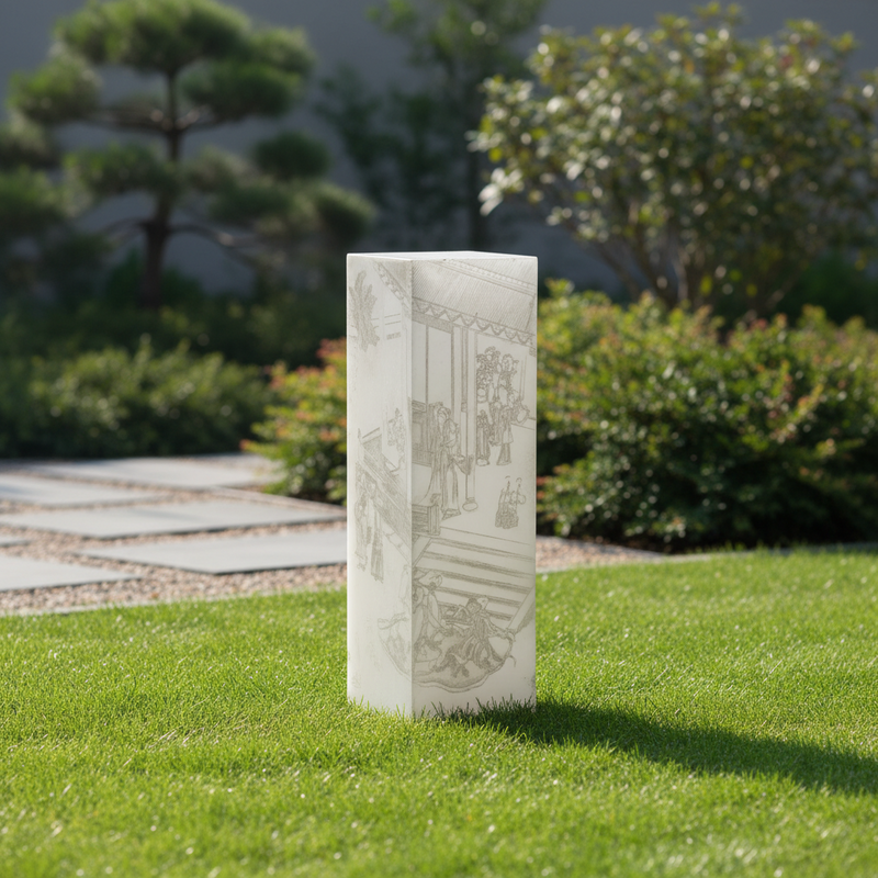 Rectangular pedestal with classical old world European architectural etchings and ornate Renaissance-inspired scene detailing. Side Angle