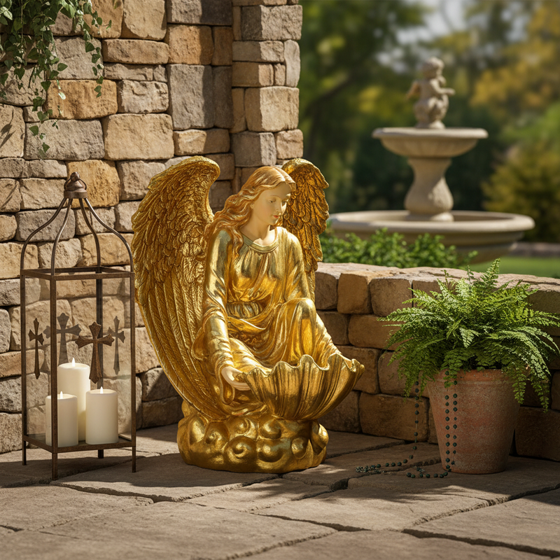 Kneeling Angel With Bowl Outdoor Statue (34 - Inch) Side Angle