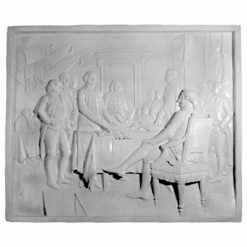 Classical bas-relief panel depicting a group of men in ornate 18th-century attire gathered around a table in a stately interior.