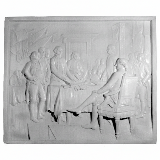 Classical bas-relief panel depicting a group of men in ornate 18th-century attire gathered around a table in a stately interior.