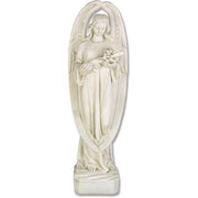 Standing angel with a serene facial expression and large curved wings, holding a Flower, on a rectangular base.