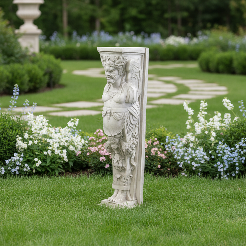 Grotesque classical caryatid with ornate Baroque detailing, featuring a mythological figure and intricate sculptural accents. Side Angle