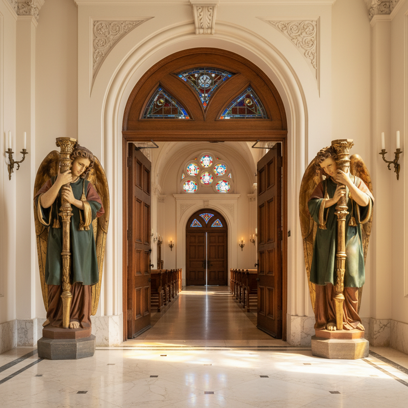 Pair of ornate Baroque-style angel statues with detailed wings, classical robes, and tall candlesticks in a reverent pose. Side Angle
