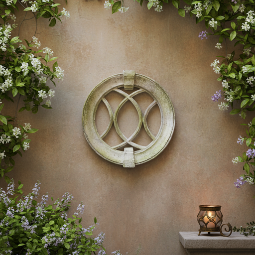 Ornate round window grille with intersecting arches, old world European style, featuring classical and medieval architectural details. Side Angle
