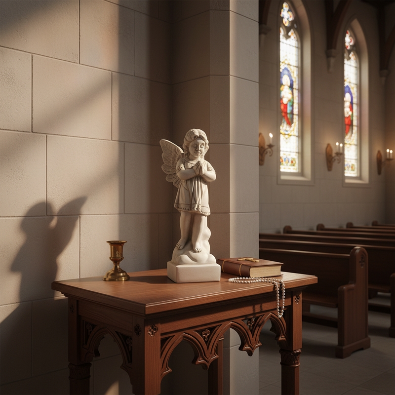 Cherub statue with folded hands, ornate wings, and classical old world European detailing in a serene, prayerful pose. Side Angle