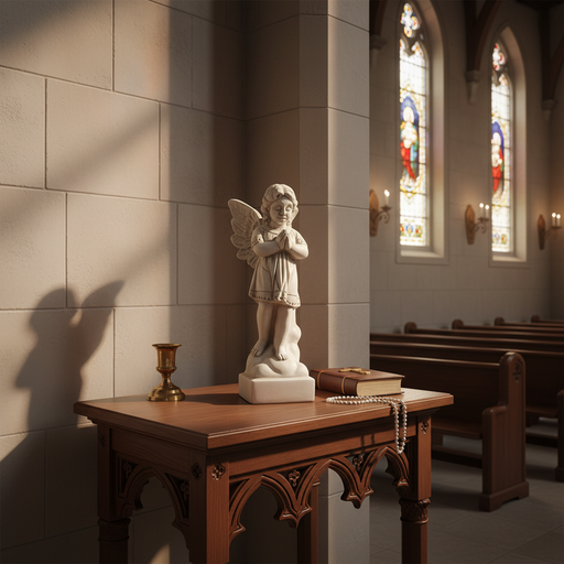 Cherub statue with folded hands, ornate wings, and classical old world European detailing in a serene, prayerful pose. Side Angle