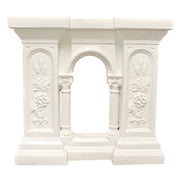 Classical console table with ornate floral reliefs, arched center opening, and column details in old world European style Side View