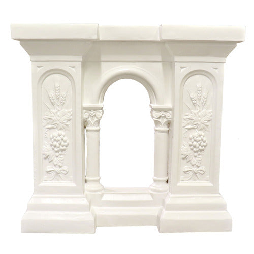 Classical console table with ornate floral reliefs, arched center opening, and column details in old world European style Side View