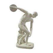 Classical Greek discus thrower statue in dynamic pose with ornate base featuring a dog, inspired by Renaissance sculpture.