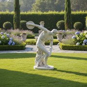 Classical Greek discus thrower statue in dynamic pose with ornate base featuring a dog, inspired by Renaissance sculpture. Side Angle