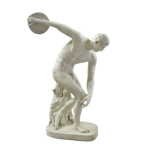Classical Greek discus thrower statue in dynamic pose with ornate base featuring a dog, inspired by Renaissance sculpture.