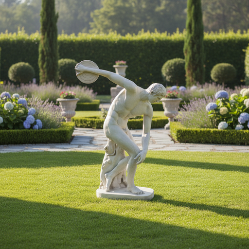 Classical Greek discus thrower statue in dynamic pose with ornate base featuring a dog, inspired by Renaissance sculpture. Side Angle