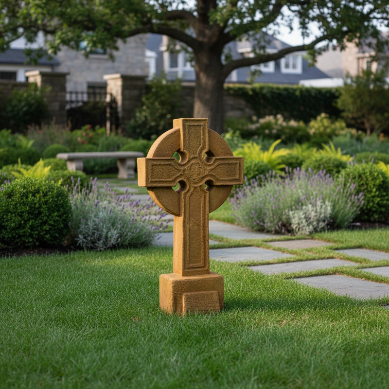 Celtic cross with ornate old world European design, featuring a circular halo and intricate medieval detailing on a pedestal base. Side Angle