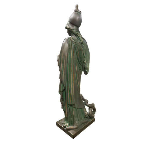 Classical Greek warrior goddess statue in ornate armor and helmet, holding a spear, featuring detailed drapery and intricate embellishments. Different Angle