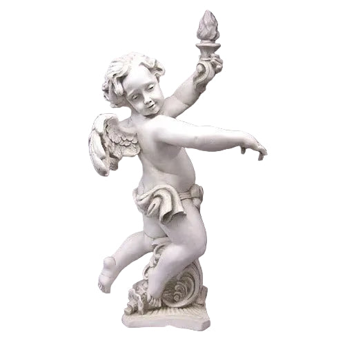 Dancing cherub garden statue with small wings holding a flaming torch. With swirl Base