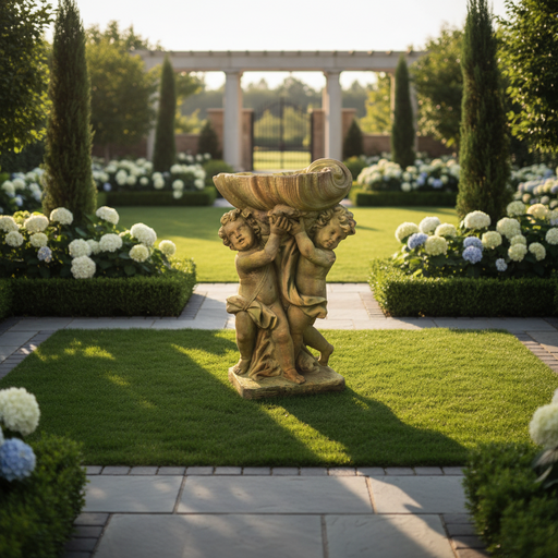 Cherubs with Basin Birdbath Outdoor Statue (36 - Inch) Side Angle