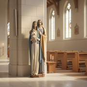 Holy Family statue in classical Renaissance style, featuring Mary, Joseph, and infant Jesus with serene, elongated forms and gentle expressions. Side Angle