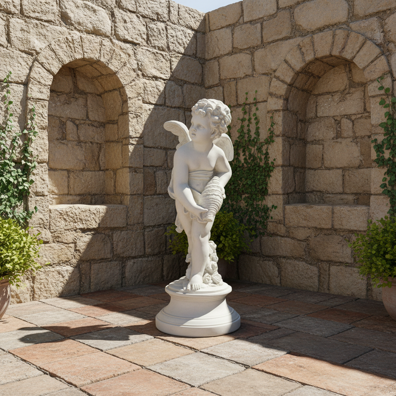 Cherub Holding Shell Outdoor Statue (24 - Inch) Side Angle