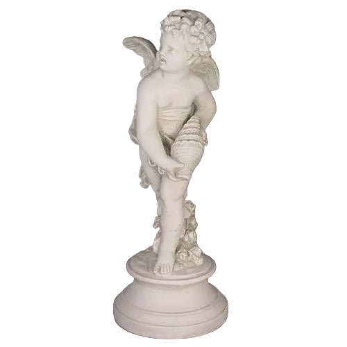 Standing cherub holding a Shell on a round base.