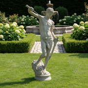 Classical Renaissance-style statue of a young male figure holding a sword and standing on a decorative pedestal. Side Angle