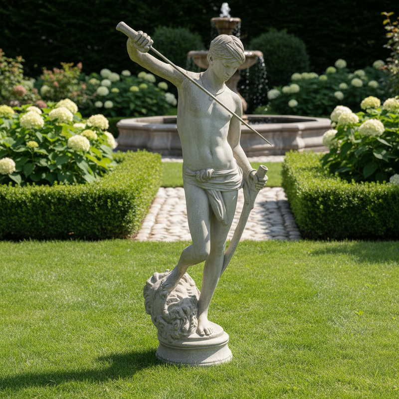 Classical Renaissance-style statue of a young male figure holding a sword and standing on a decorative pedestal. Side Angle