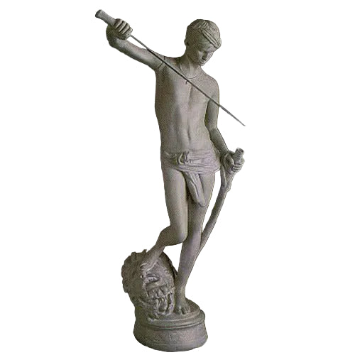 Classical Renaissance-style statue of a young male figure holding a sword and standing on a decorative pedestal.