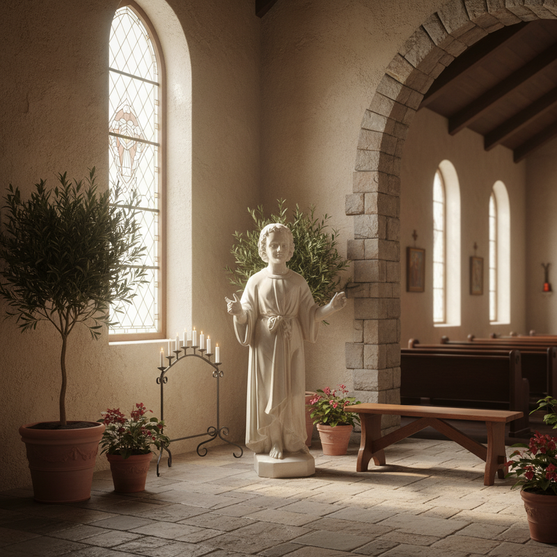 Child saint statue in classical Renaissance style with flowing robes, curly hair, and outstretched arms on a hexagonal base. Side Angle
