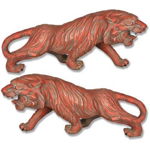Pair of ornate, old world European lion sculptures with flowing manes and fierce expressions in a classical, Baroque style.