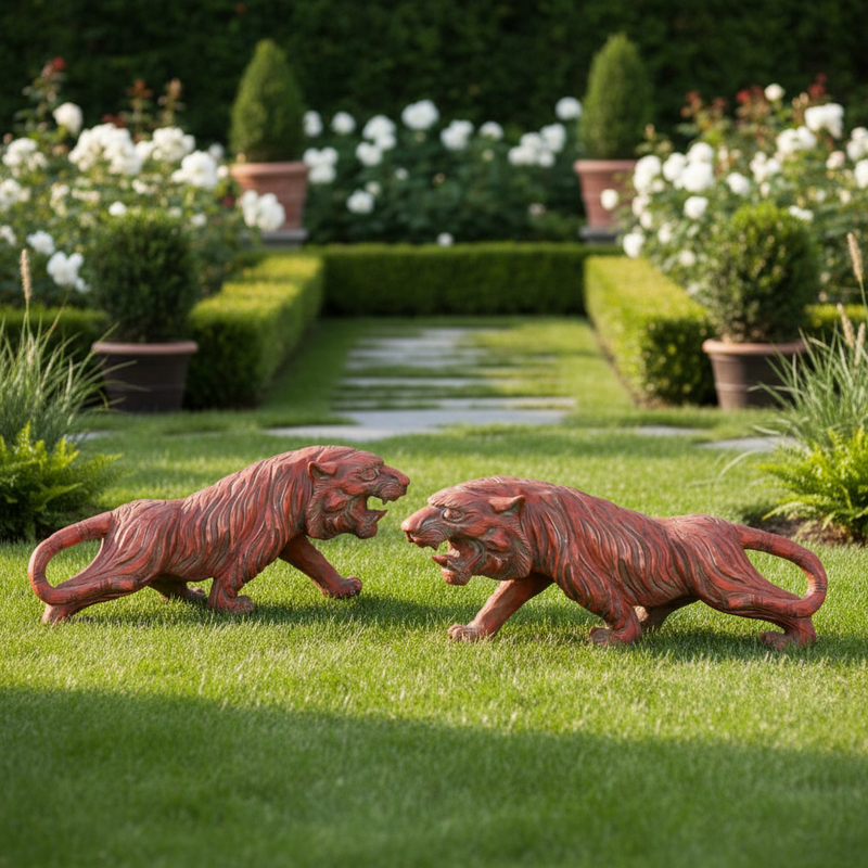 Pair of ornate, old world European lion sculptures with flowing manes and fierce expressions in a classical, Baroque style. Side Angle