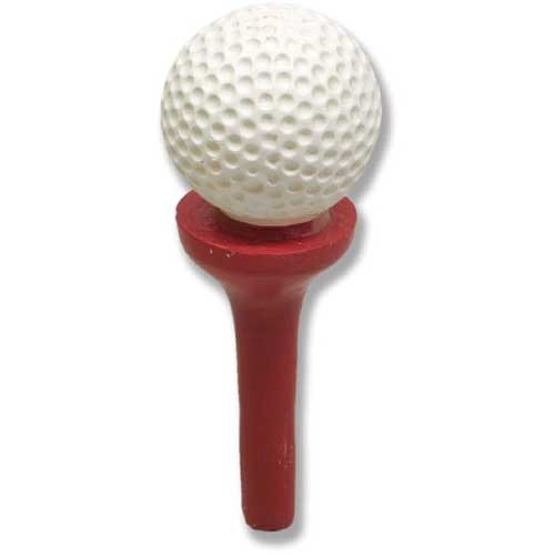 Golf ball with dimpled surface resting on a classic red tee, simple and traditional sporting design.