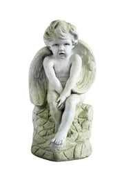 Seated cherub statue with detailed wings and curled hair, featuring ornate old world European and classical design elements.
