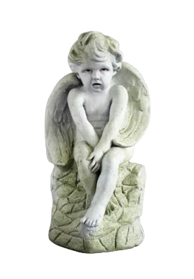 Sitting winged cherub Statue with hands on knees.