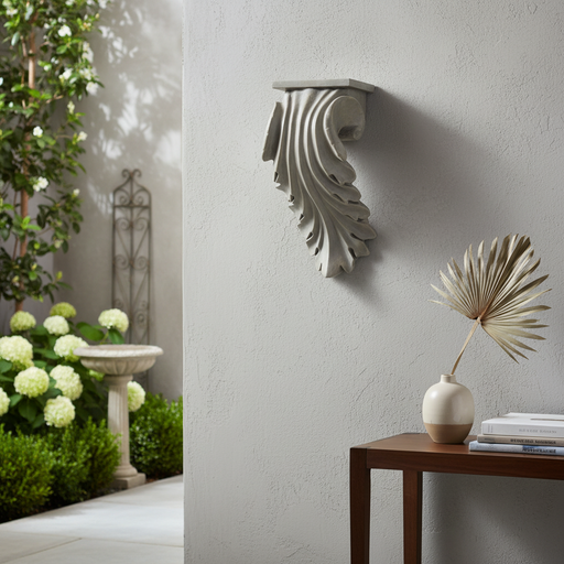 Ornate corbel with classical old world European design, featuring acanthus leaf scrollwork and Baroque-inspired detailing. Side Angle