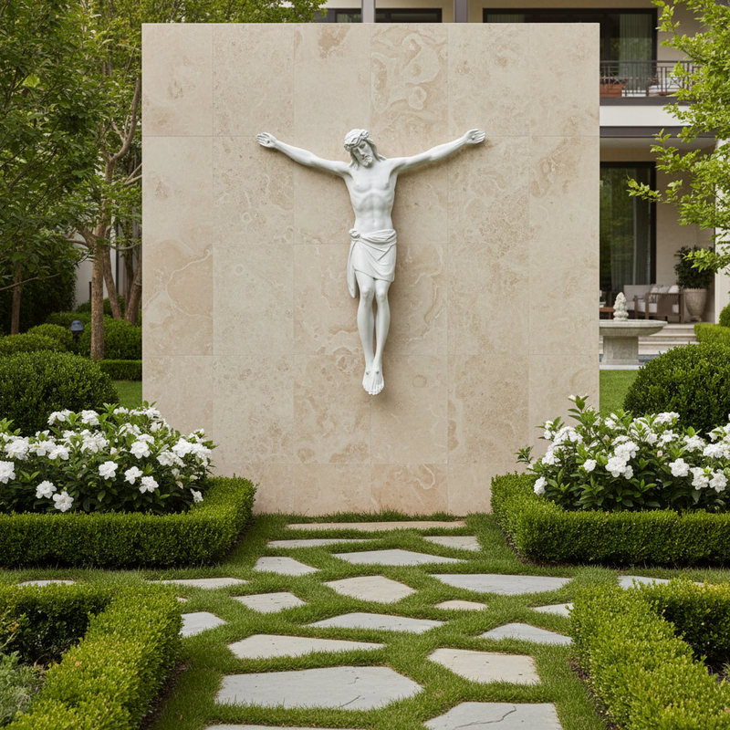 Crucifix with classical Renaissance style, featuring an ornate depiction of Christ with outstretched arms and detailed drapery. Side View