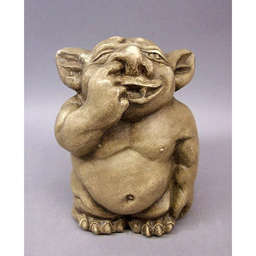 Whimsical medieval-style troll statue with exaggerated features, rounded belly, and playful expression, inspired by old world European folklore. Side Angle