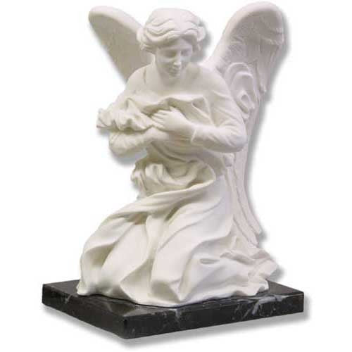 Kneeling angel with large wings holding a cloth on a square base.