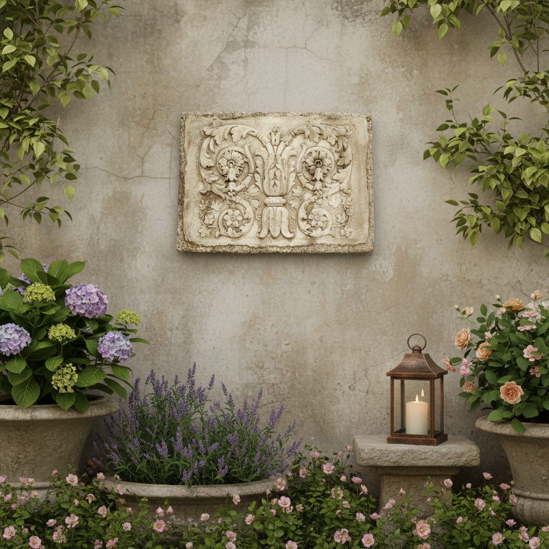 Ornate rectangular plaque featuring classical Baroque scrollwork, acanthus leaves, and floral motifs in old world European style. Side Angle