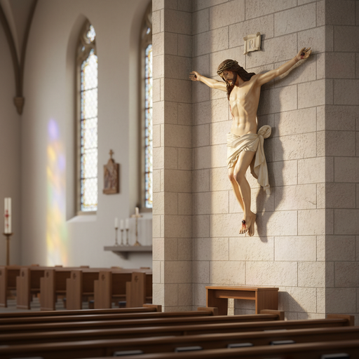 Crucifix statue featuring Jesus with crown of thorns, classical Renaissance style, detailed wounds, draped cloth, ornate and expressive. Side Angle