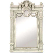 Ornate Baroque mirror with classical cherub crest, decorative swags, and intricate old world European architectural detailing. Side View