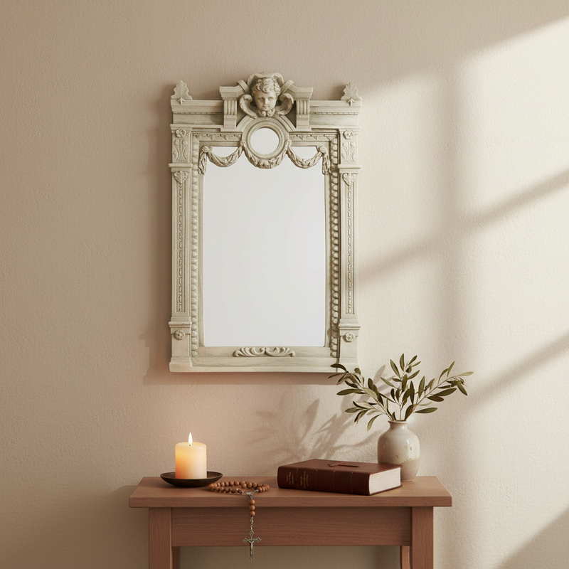 Ornate Baroque mirror with classical cherub crest, decorative swags, and intricate old world European architectural detailing. Side Angle