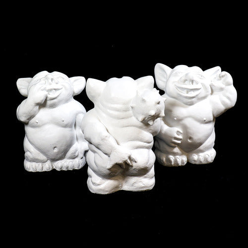 Three ornate, old world European gargoyle statues with playful expressions and gestures, featuring classical medieval styling. Side Angle