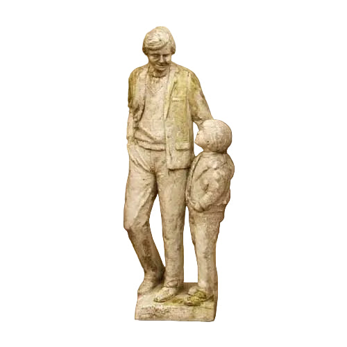 Statue of an adult and child standing together in a relaxed pose, featuring classical old world European sculptural style.