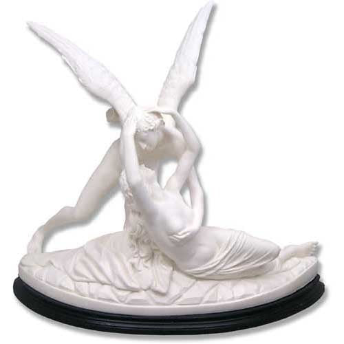 Classical Renaissance sculpture depicting two winged figures in an ornate, romantic embrace on an oval base.