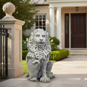 Regal lion statue with ornate mane and shield, featuring classical old world European and Baroque detailing. Side Angle