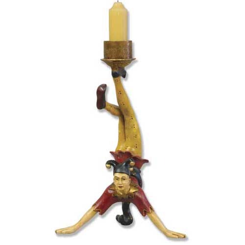 Whimsical hand-standing jester candle holder with a candle platform on its feet.