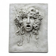 Medusa wall plaque with classical Greek and ornate Baroque detailing, featuring flowing hair, grape clusters, and expressive facial features